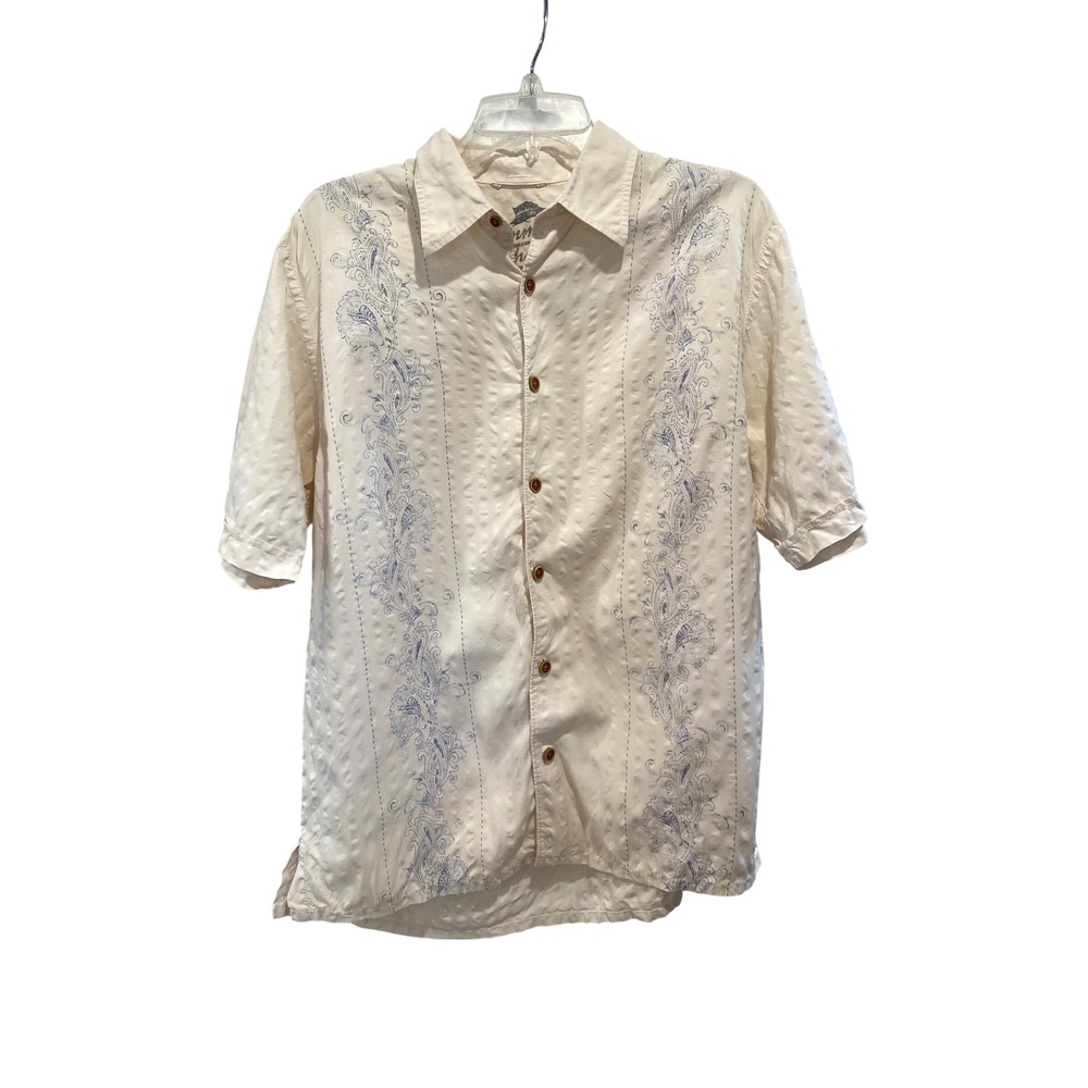 Tommy Bahama Relax Mens Silk Cotton Paisley Embroidered Shirt Cream Medium